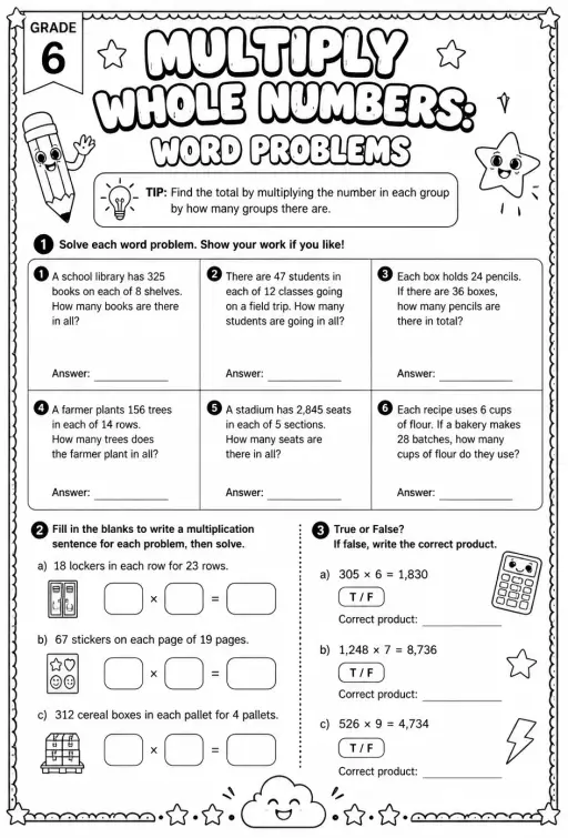 Multiply whole numbers: word problems