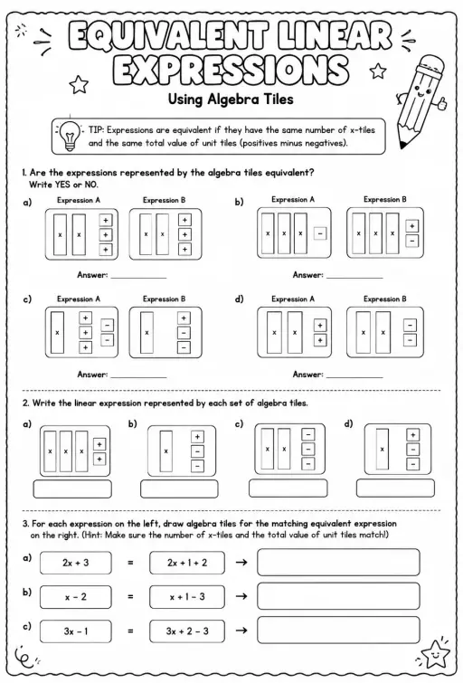 Identify equivalent linear expressions using algebra tiles