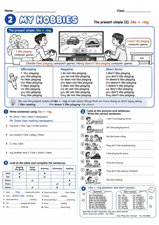 Like Plus Ing: My Hobbies 5 | Grades 3-4 Grammar Worksheet