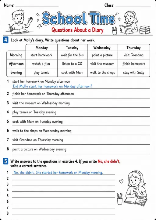 Past Simple Questions: School Time 3 | Grades 3-4 Grammar Worksheet
