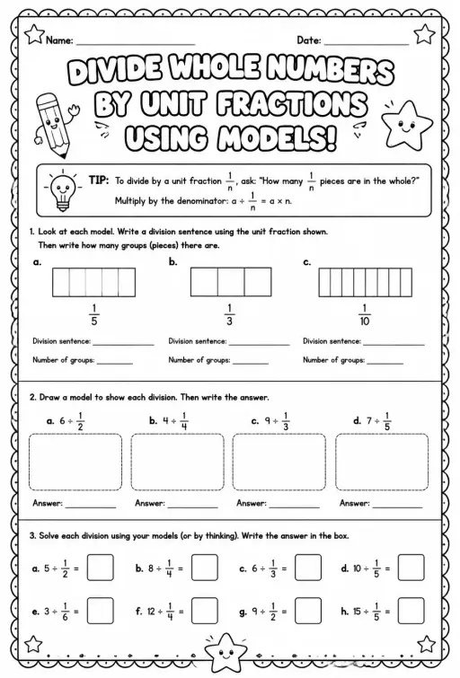 Divide whole numbers by unit fractions using models