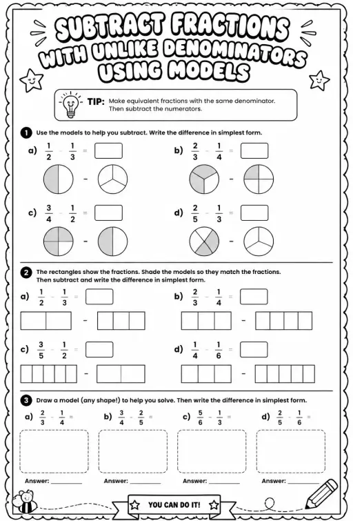 Subtract fractions with unlike denominators using models