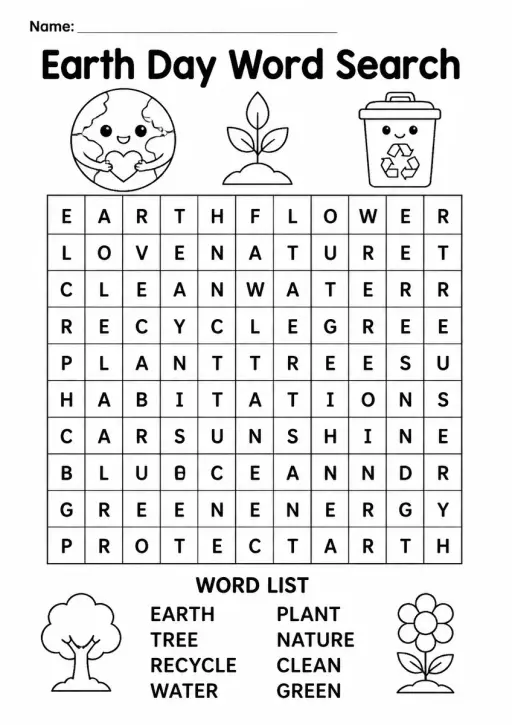 Earth Day Word Search — Kindergarten