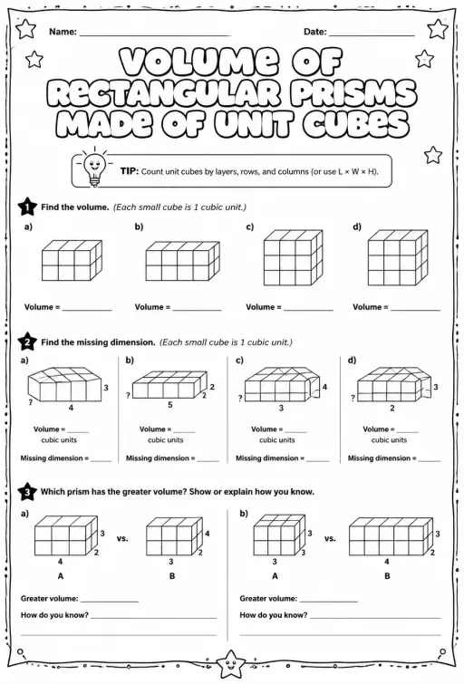 Volume of rectangular prisms made of unit cubes