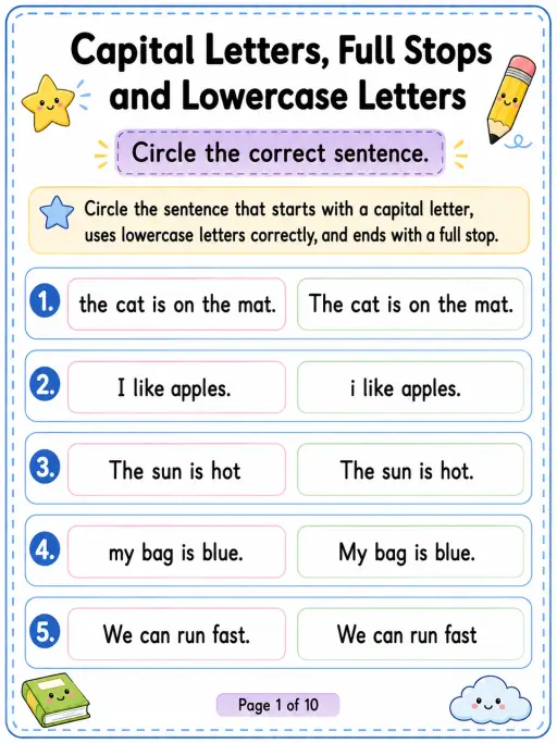 Capital Letters, Full Stops and Lowercase Letters Worksheet Pack