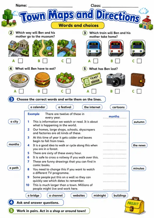Cambridge Flyers - Town Maps and Directions - Practice 2 | Free Worksheet