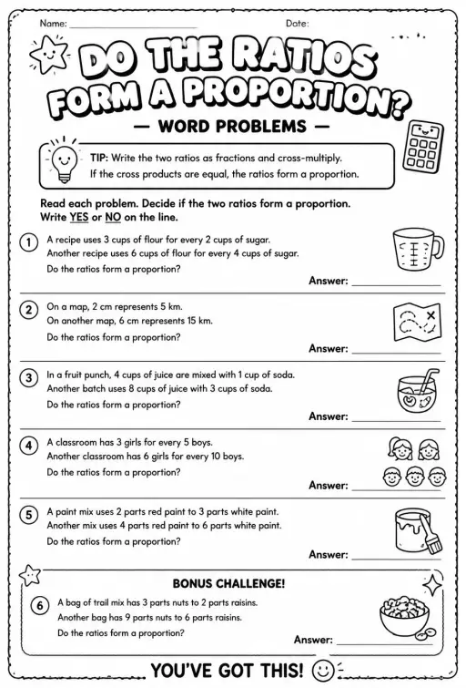 Do the ratios form a proportion: word problems