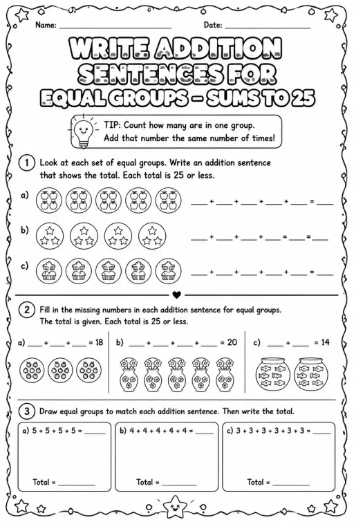 Write addition sentences for equal groups - sums to 25