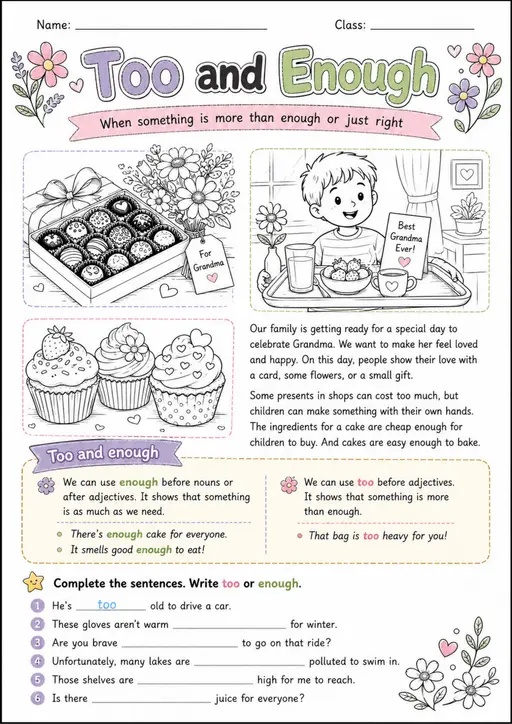 Too and Enough Pack - 2 Worksheets | Grade 5