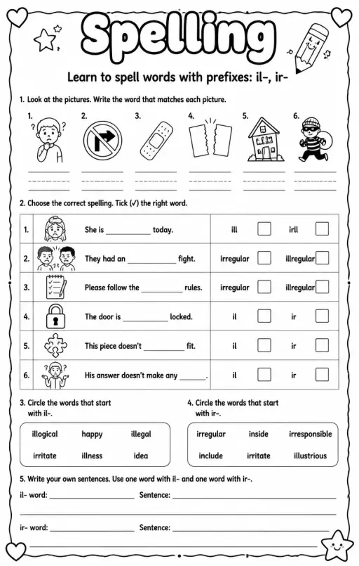 Learn to spell words with prefixes: il-, ir-
