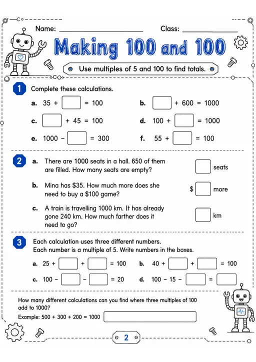Making 100 and 100 - Grade 3 Math Worksheet