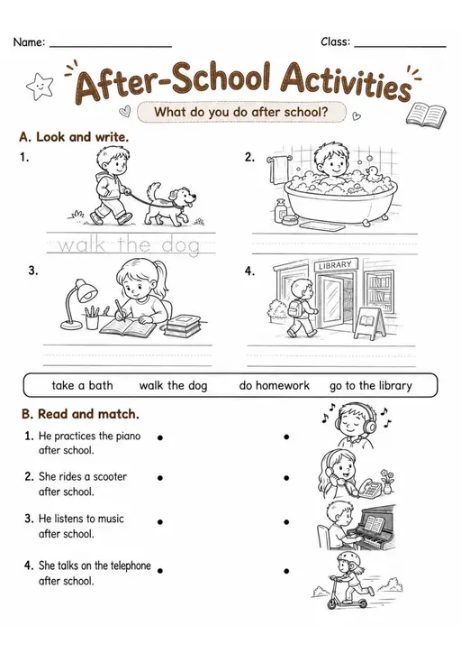 After-School Activities Pack - 2 Worksheets | Grades 2-3