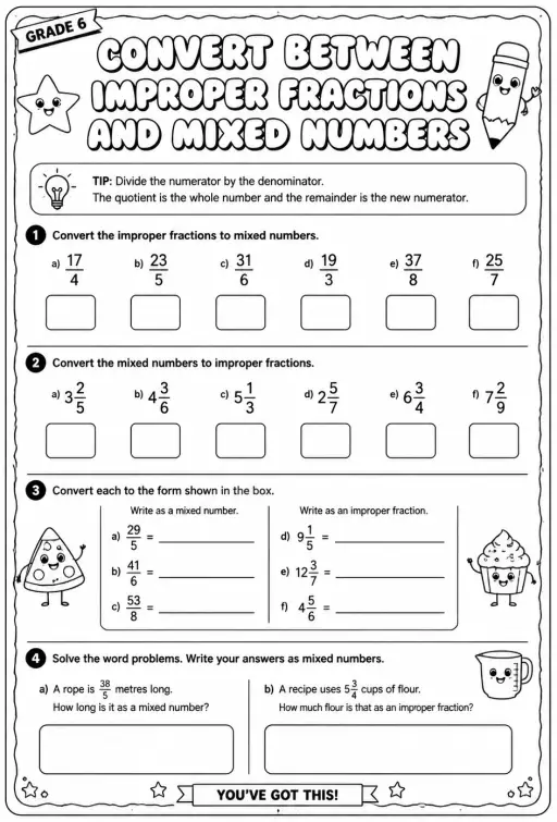 Convert between improper fractions and mixed numbers