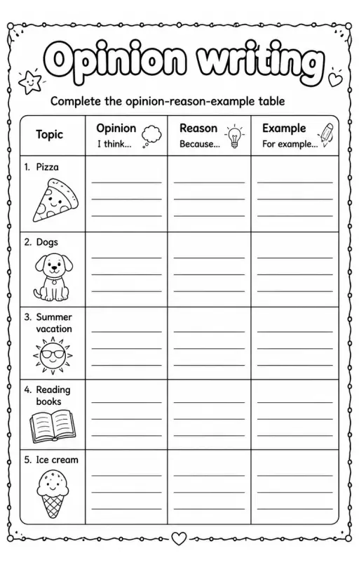 Complete the opinion-reason-example table