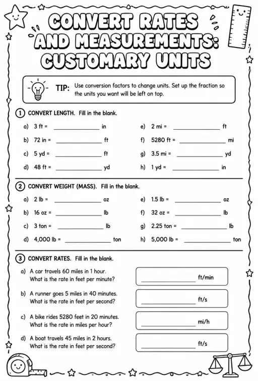 Convert rates and measurements: customary units