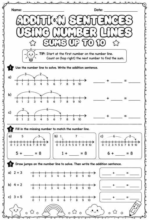 Addition sentences using number lines - sums up to 10