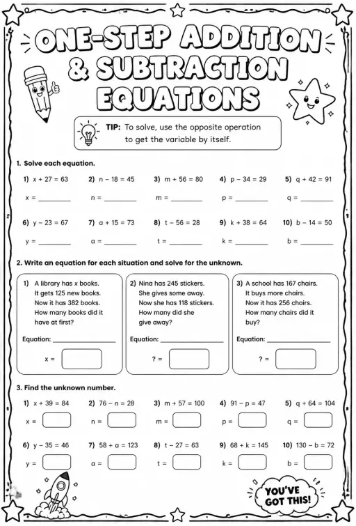 Solve one-step addition and subtraction equations with whole numbers