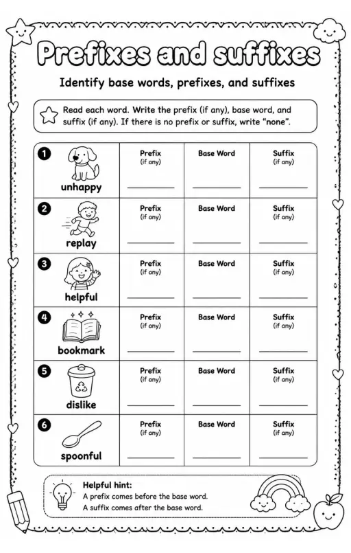Identify base words, prefixes, and suffixes