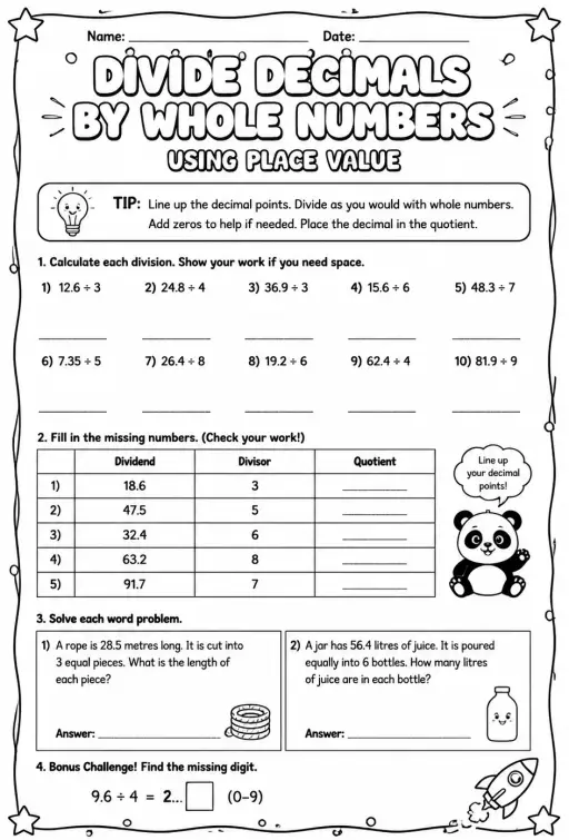 Divide decimals by whole numbers using place value