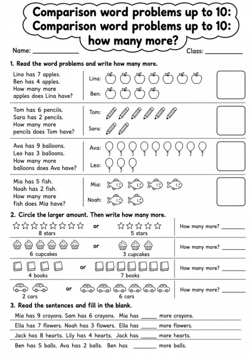 Grade 1 Comparison Word Problems up to 10 Math Worksheet Pack