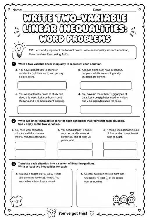 Write two-variable linear inequalities: word problems