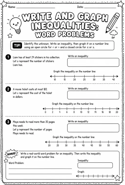 Write and graph inequalities: word problems