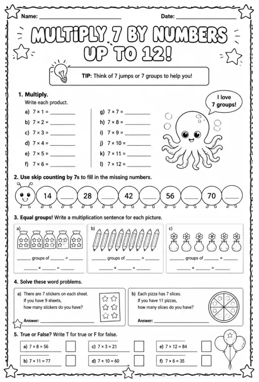 Multiply 7 by numbers up to 12