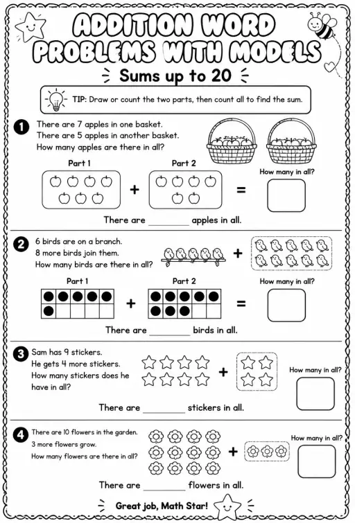 Addition word problems with models - sums up to 20