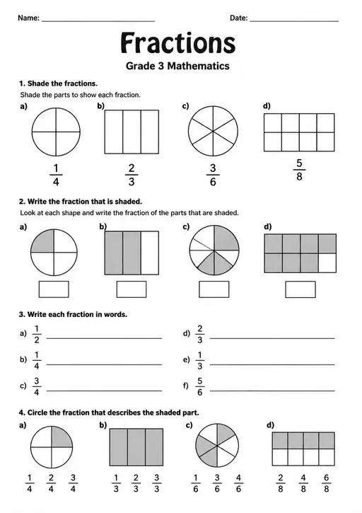 Free Printable Grade 3 Fractions Worksheet