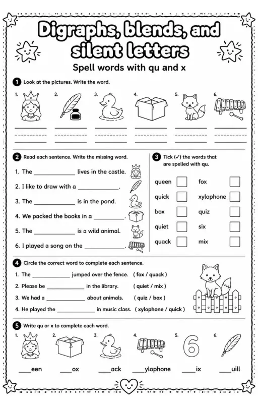 Spell words with qu and x