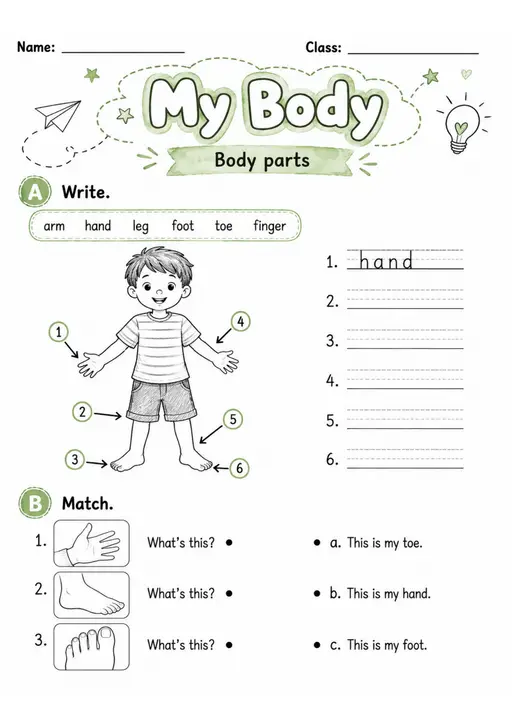 My Body | Grade 1 English Language Arts Worksheet