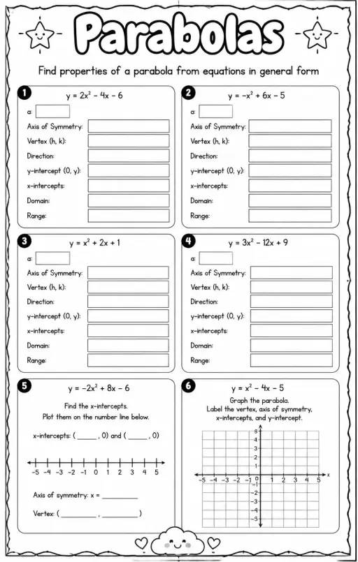 Find properties of a parabola from equations in general form