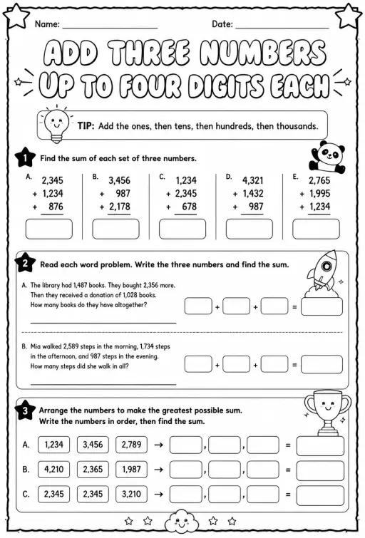 Add three numbers up to four digits each