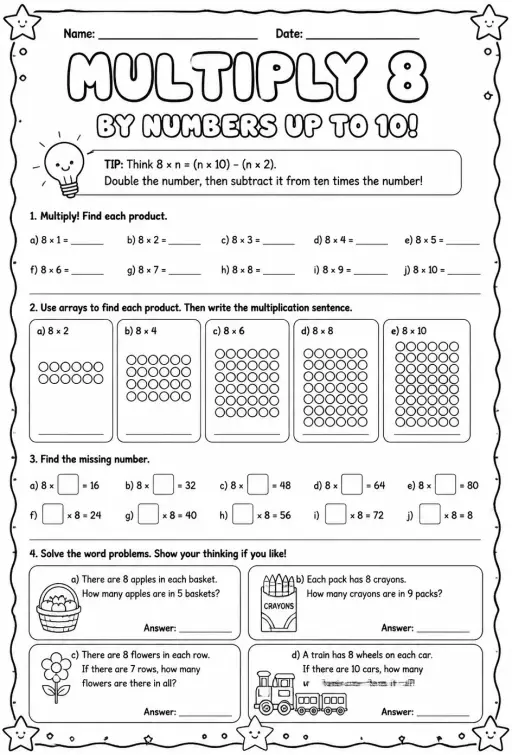 Multiply 8 by numbers up to 10