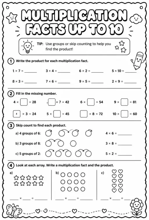 Multiplication facts up to 10