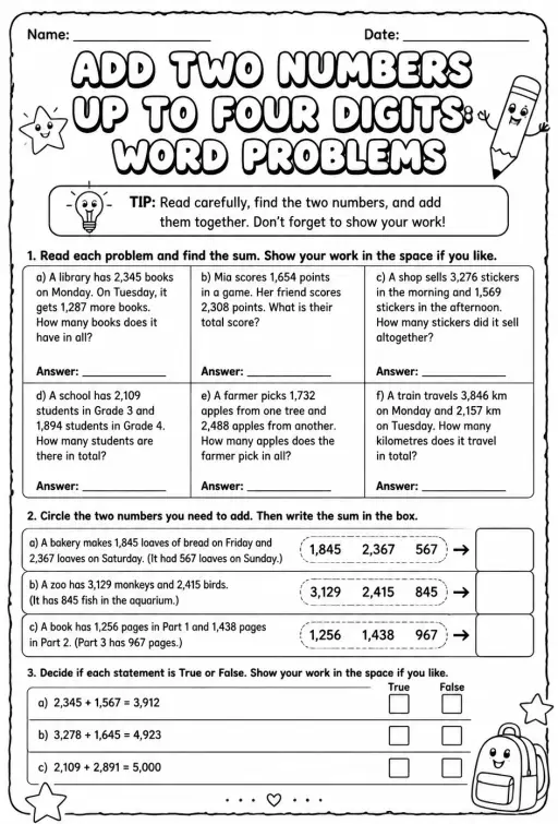 Add two numbers up to four digits: word problems