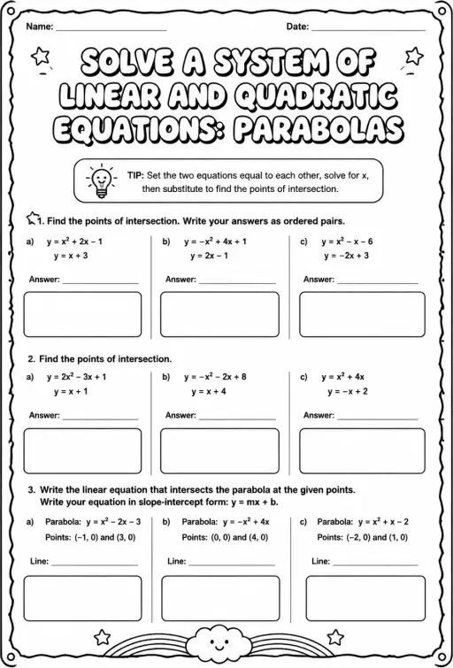Solve a system of linear and quadratic equations: parabolas