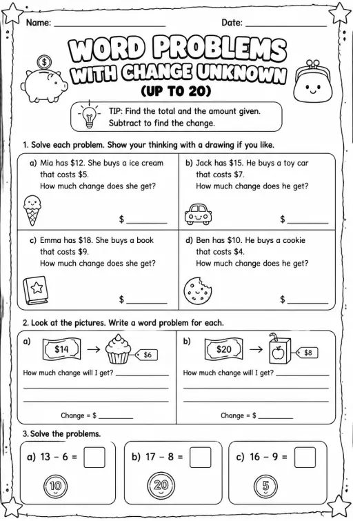Word problems with change unknown - up to 20