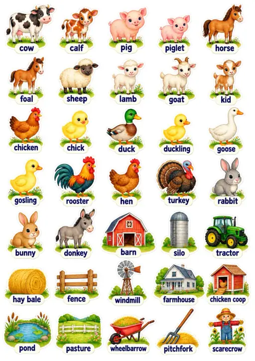 Farm Animals And Rural Items English Vocabulary Stickers