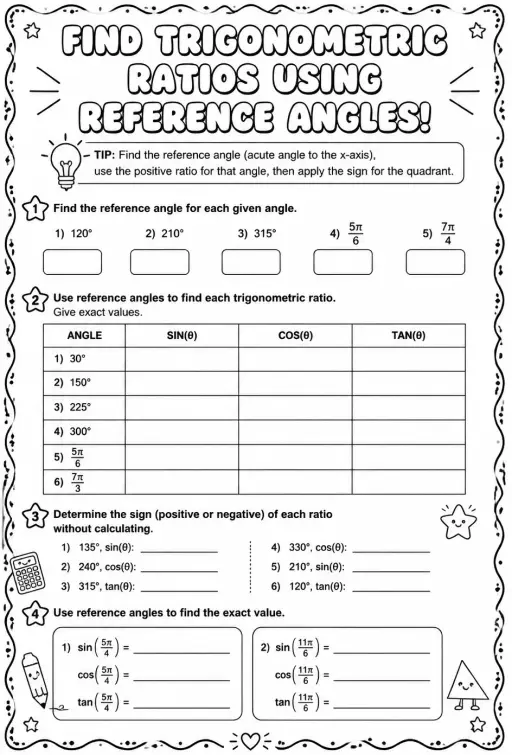 Find trigonometric ratios using reference angles