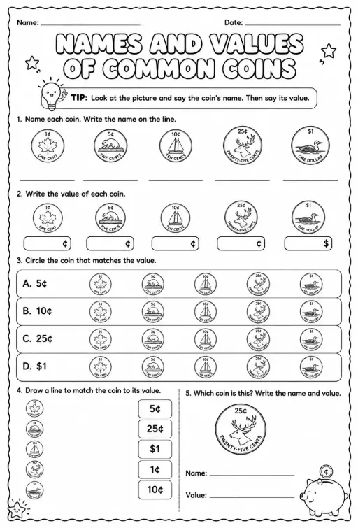 Names and values of common coins