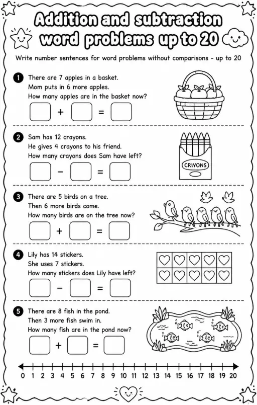 Write number sentences for word problems without comparisons - up to 20