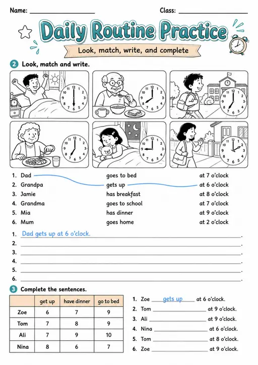Daily Routine Practice | Grades 2-3 Grammar Worksheet