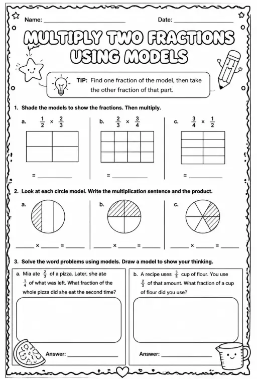 Multiply two fractions using models
