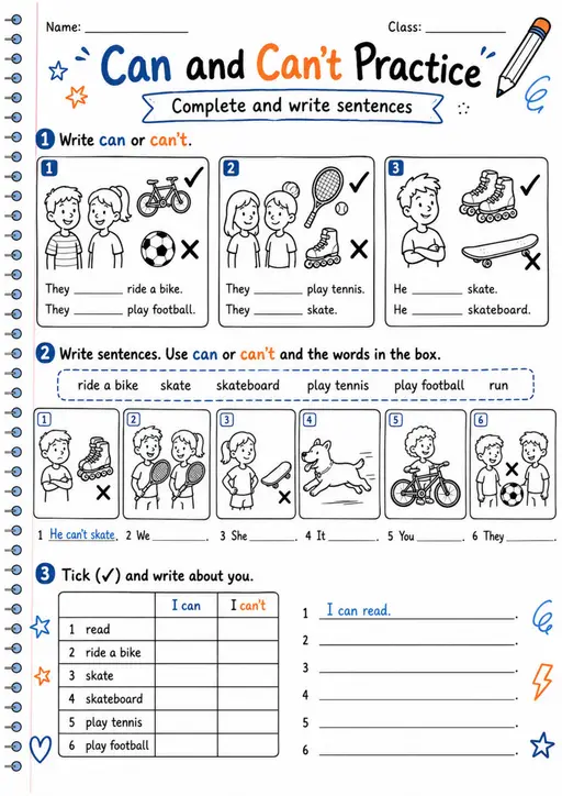 Can And Can'T Practice | Grades 2-3 Grammar Worksheet