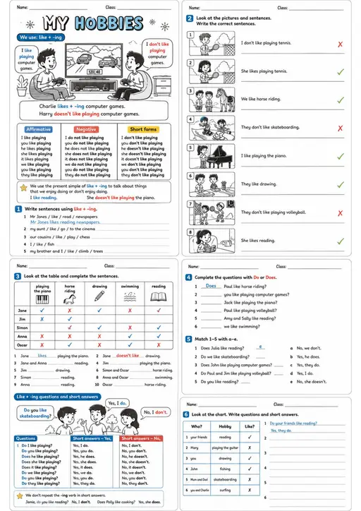 Like Plus Ing: My Hobbies 6 | Grades 3-4 Grammar Worksheet