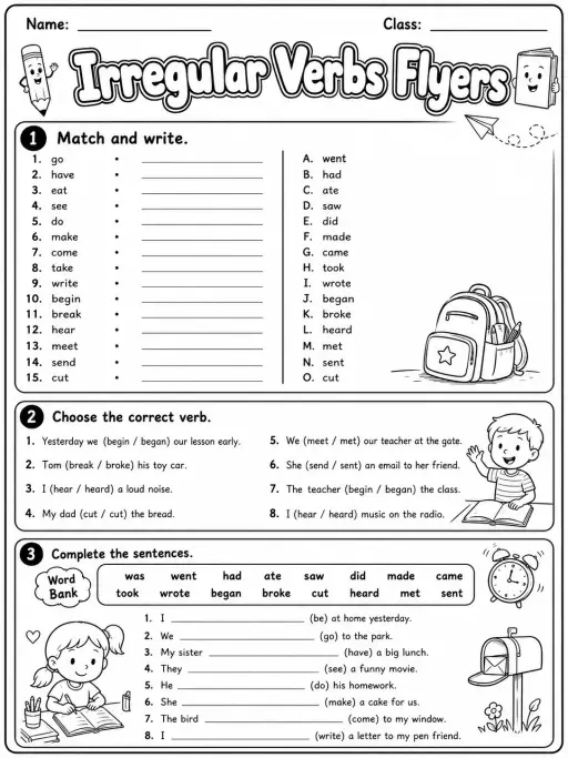 Irregular Verbs Flyers Vocabulary Worksheet Pack