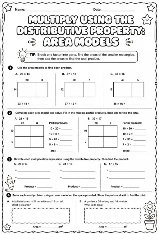 Multiply using the distributive property: area models