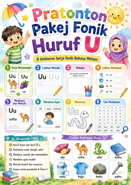 Malay Letter U Phonics Worksheets Pack