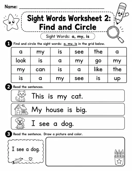 Sight Words Worksheet 2: Find and Circle
